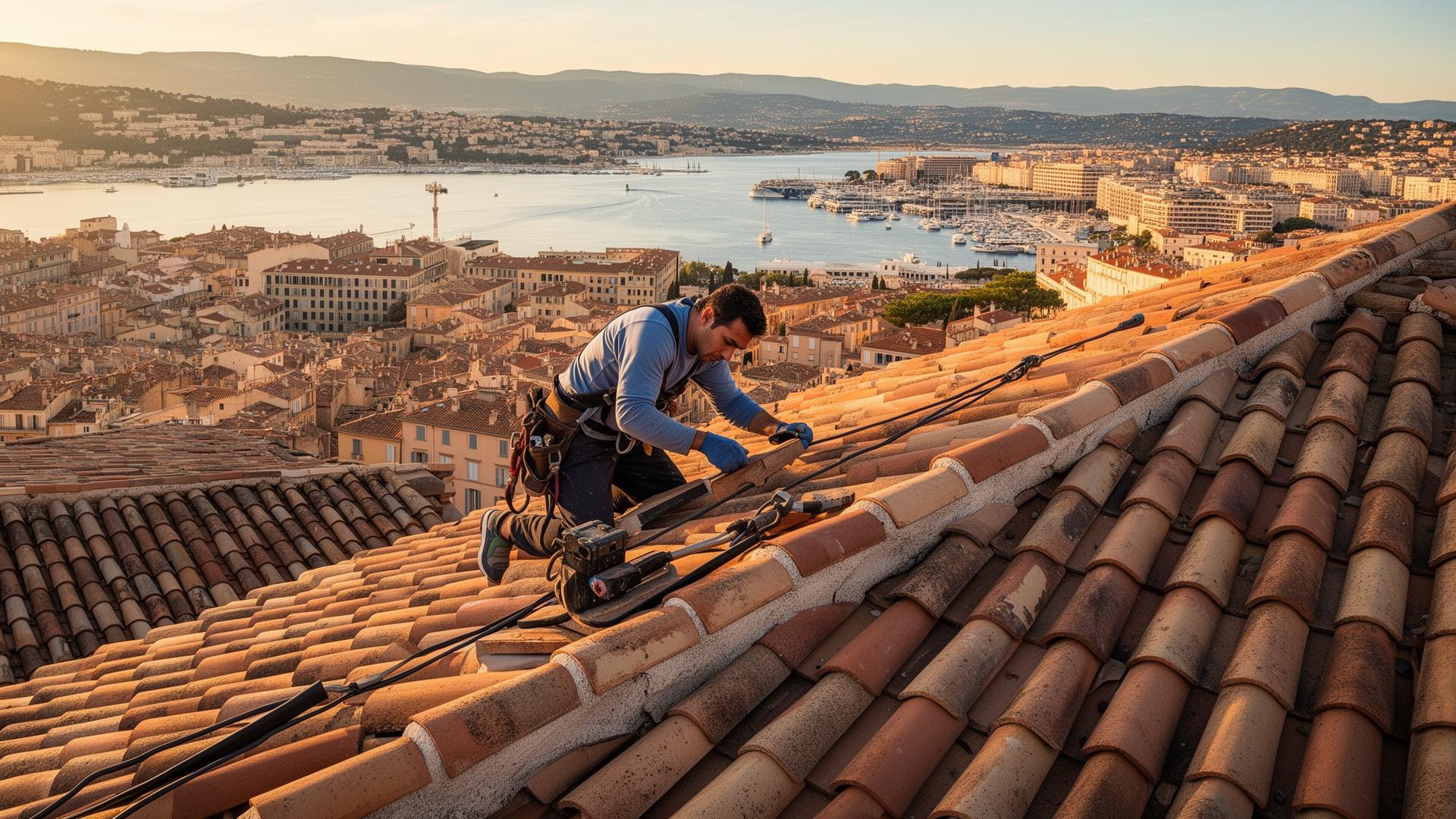Couvreur sur une toiture à Toulon avec vue sur la rade