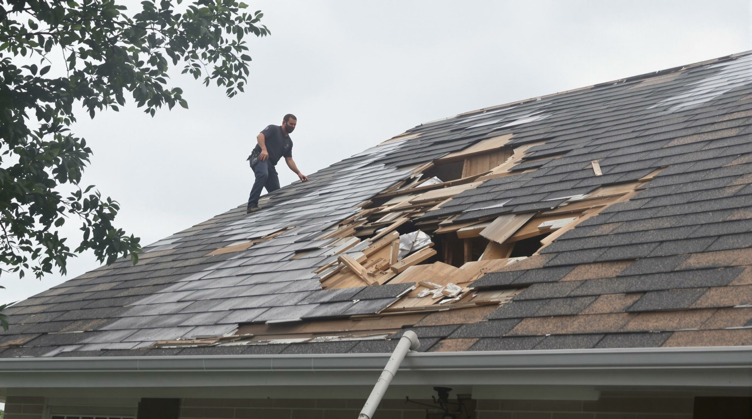 Man inspecting storm damaged roof
