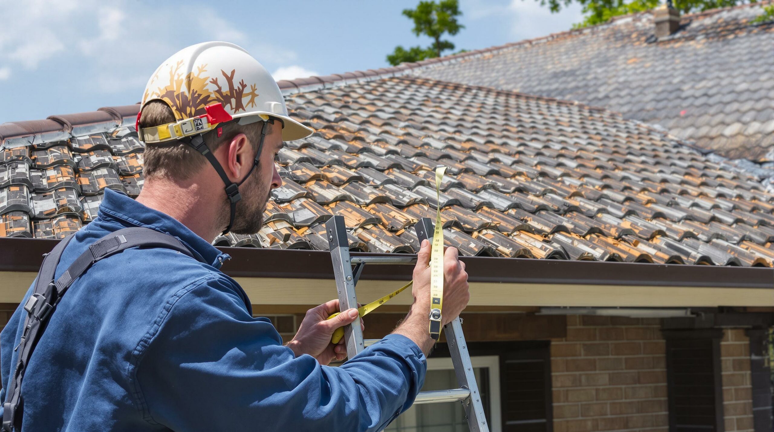 Roofer measuring roof with tape measure