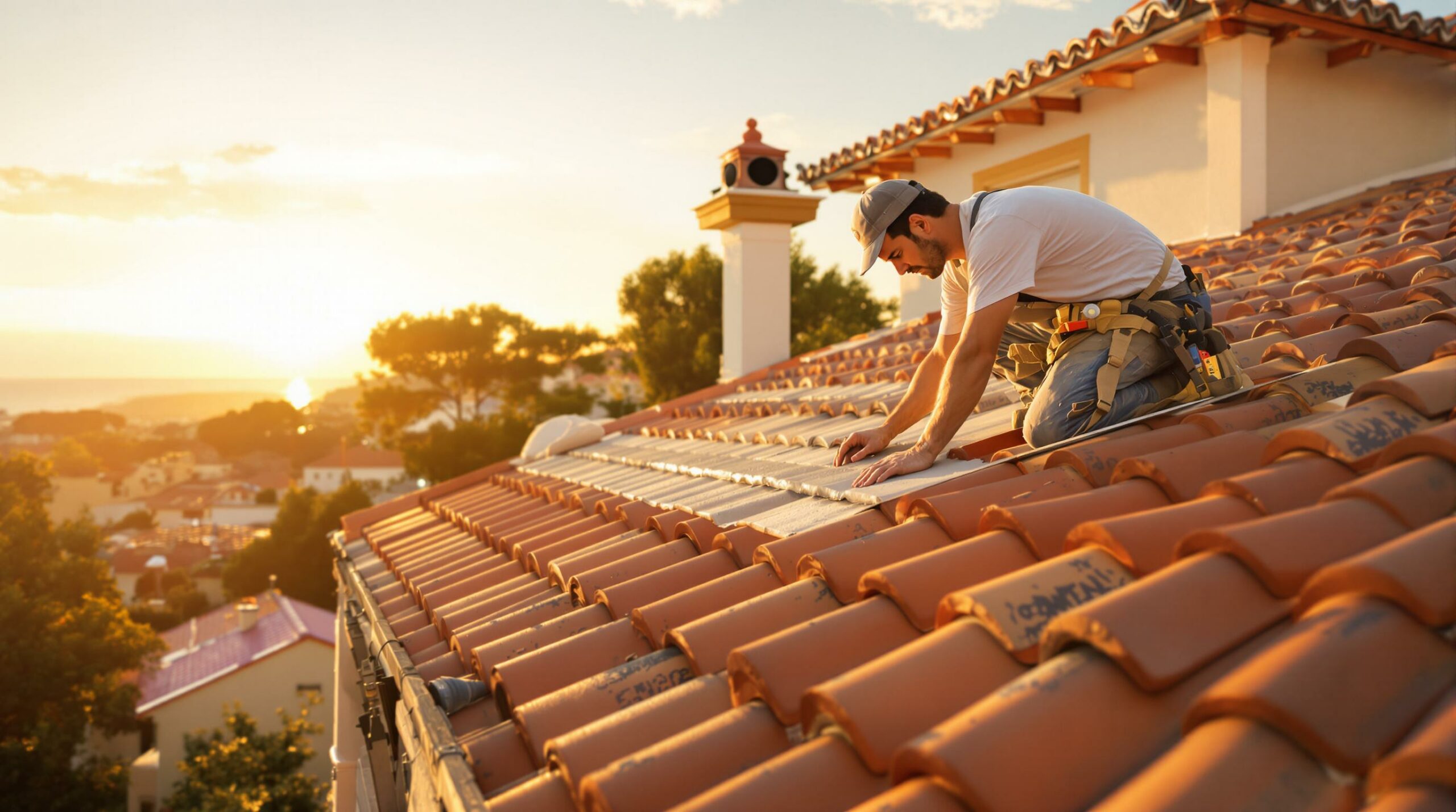 Roofer repairing terracotta roof tiles