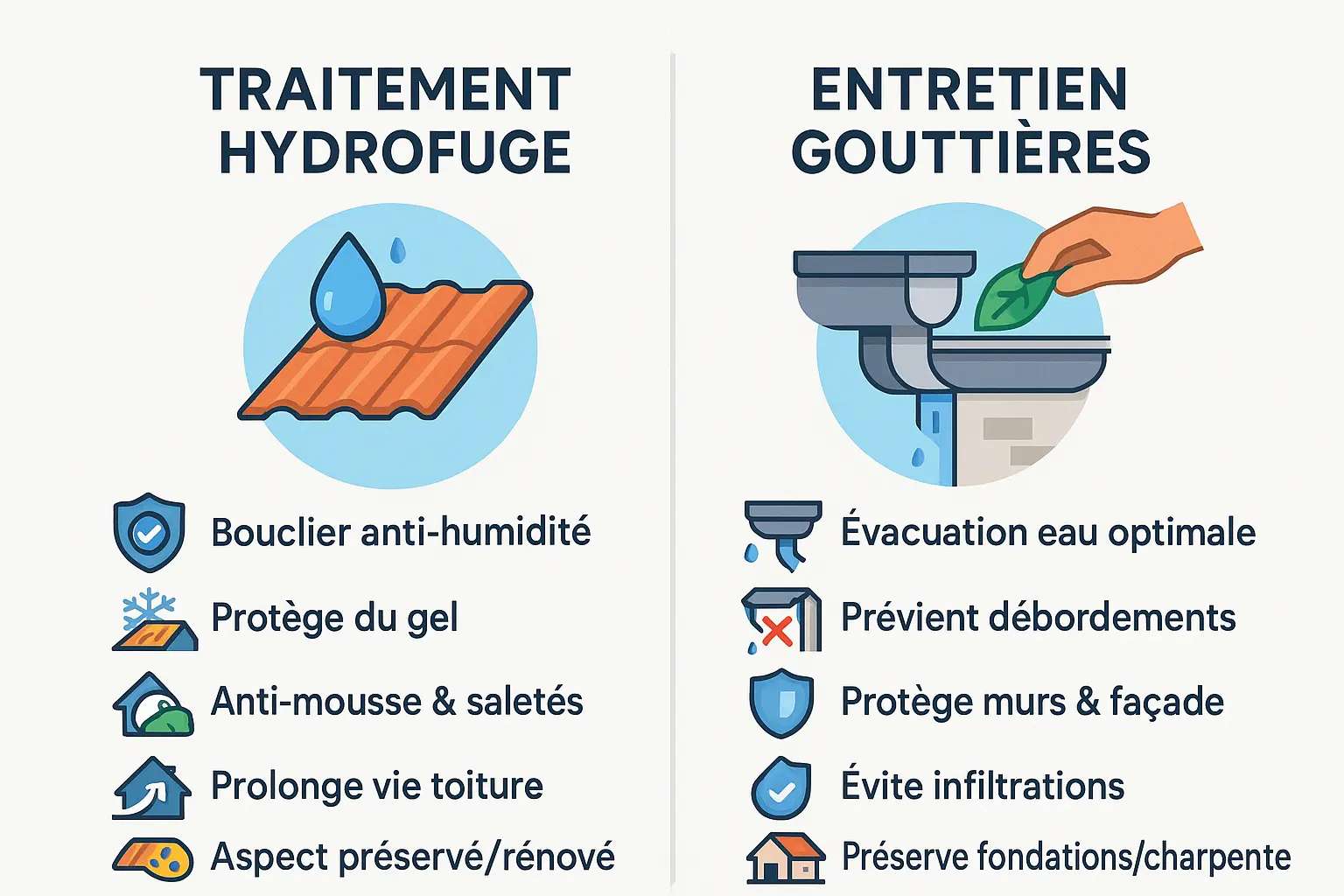 Vue aérienne d'une maison avec toiture protégée par traitement hydrofuge et gouttières entretenues dans le Var