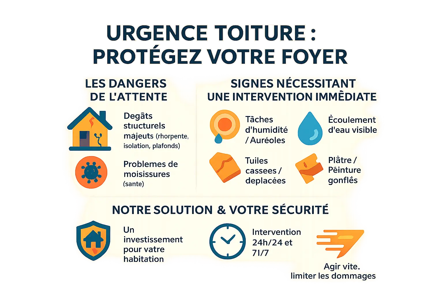 Illustration d'une <strong>toiture en urgence à Toulon</strong> » /></p>
<p>Une toiture endommagée à Toulon expose votre logement à des risques accélérés, notamment sous l’effet des intempéries méditerranéennes. Une simple infiltration peut, en quelques heures, transformer votre espace de vie <strong>en zone de danger</strong> : détérioration des murs, moisissures toxiques, court-circuit électrique. Ces dommages compromettent non seulement votre confort, mais aussi la sécurité de votre famille.</p>
<p>Les signes qui ne trompent pas et <strong>nécessitent un appel immédiat</strong> :  </p>
<ul>
<li>Tâches d’humidité ou auréoles sur les plafonds et les murs.</li>
<li>Écoulement d’eau visible à l’intérieur de la maison.</li>
<li>Tuiles cassées, fissurées ou déplacées repérées depuis le sol.</li>
<li>Débris de tuiles ou d’ardoises dans le jardin ou les gouttières.</li>
<li>Gonflement du plâtre ou de la peinture.</li>
</ul>
<p>Face à ces situations, notre équipe intervient 24h/24 et 7j/7 à Toulon. Grâce à une réactivité éprouvée, nous limitons les dégâts grâce à des solutions temporaires (bâchage, colmatage) avant des réparations définitives. <a href=